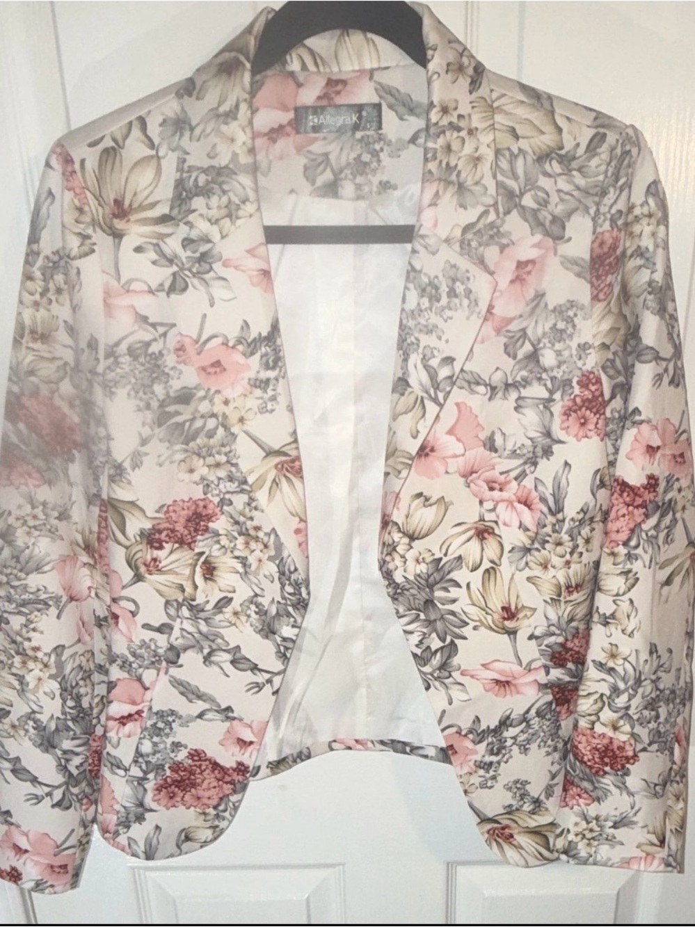 Allegra K Floral Cream Blazer with Pink & Gray Botanical Print